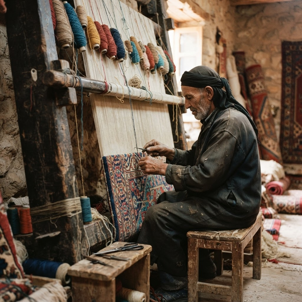 Master weaver hand-knotting a luxury carpet on a traditional loom