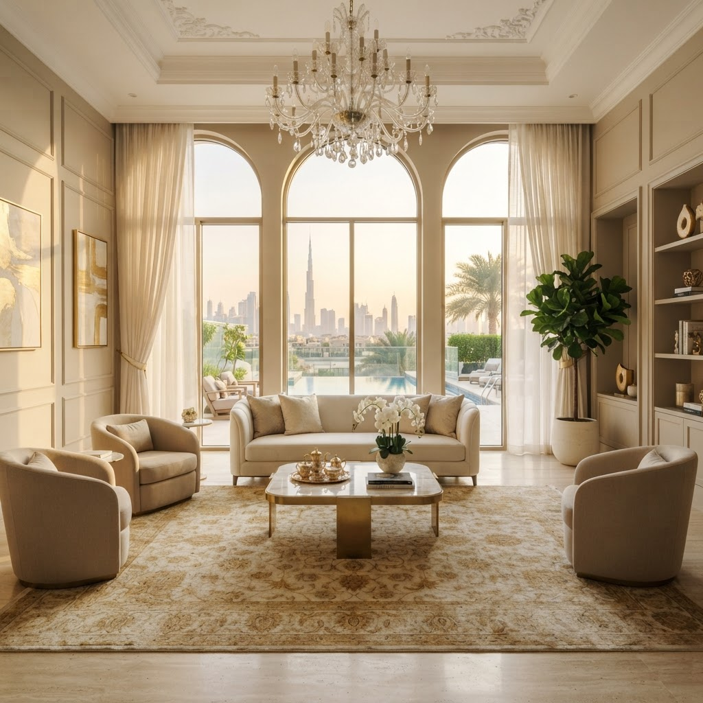 Luxury Dubai villa living room with Persian carpet