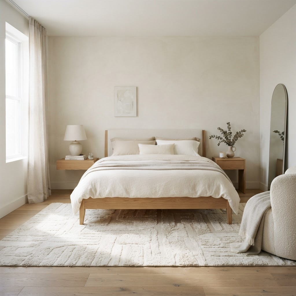 Modern minimalist bedroom with wool rug