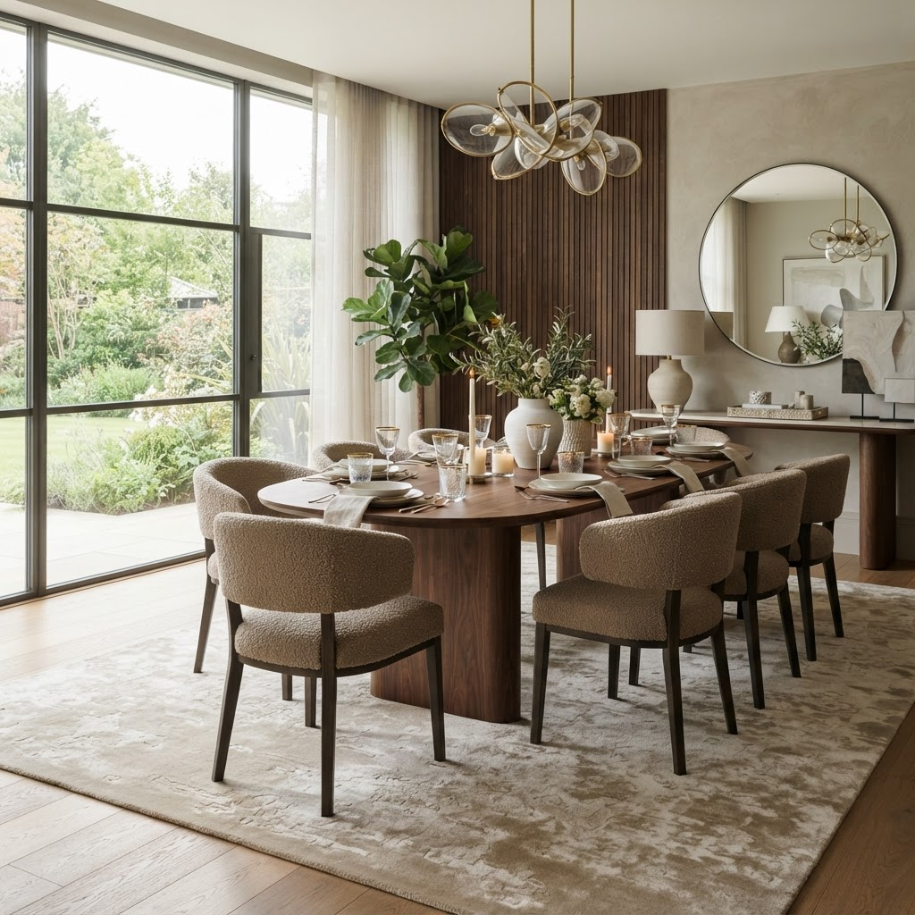 Contemporary dining room with silk rug